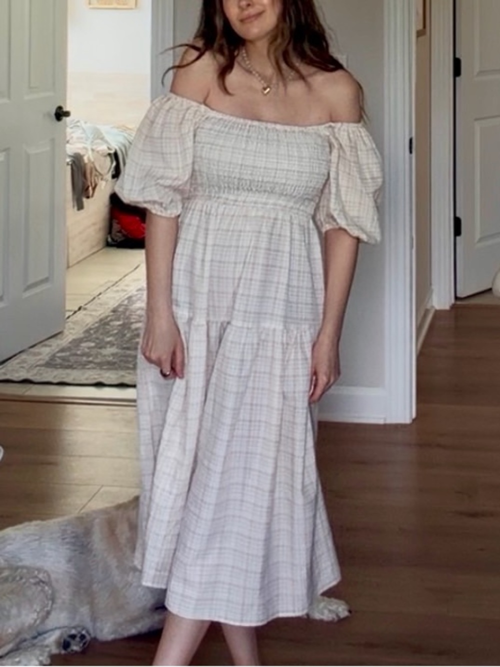 SHEIN Beige Plaid Puff Sleeve Midi Dress